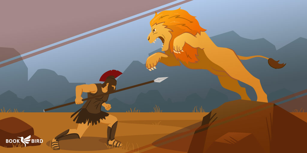 Spartan Warrior Battling Lion in Historical Fiction Setting