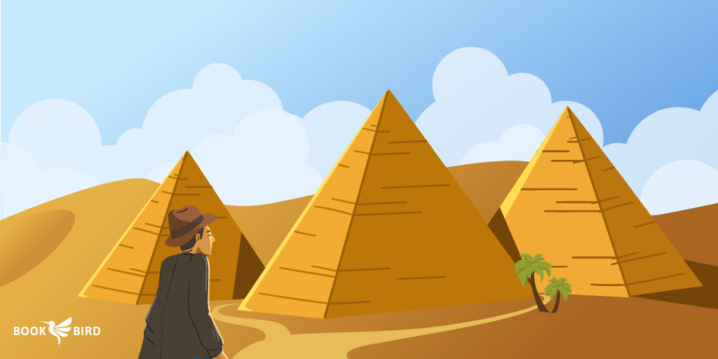 Adventurer Approaching Desert Pyramids in Historical Journey