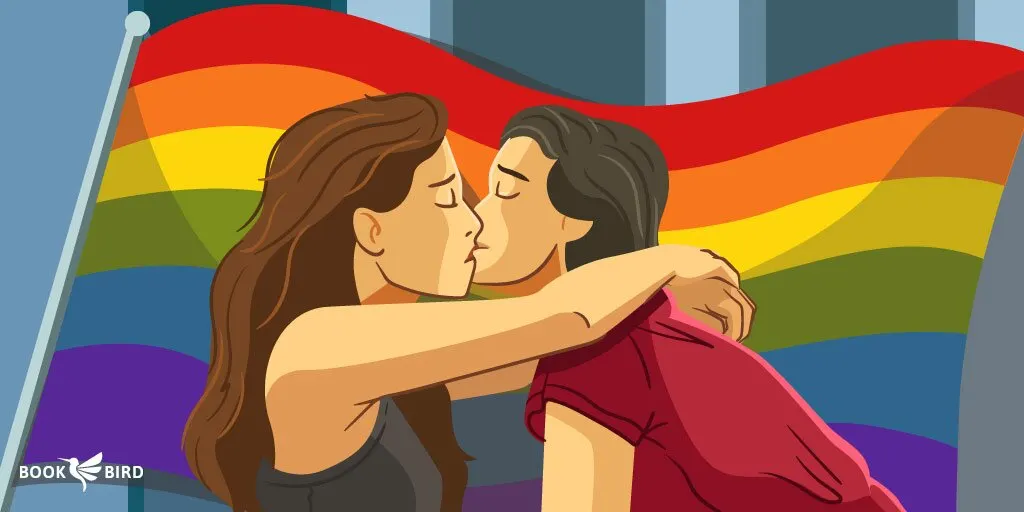 Passionate LGBTQ Women Kissing in Front of Rainbow Flag