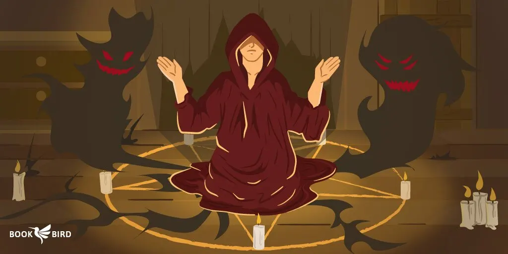 Red-Robed Conjurer Summoning Demons in Paranormal Ritual