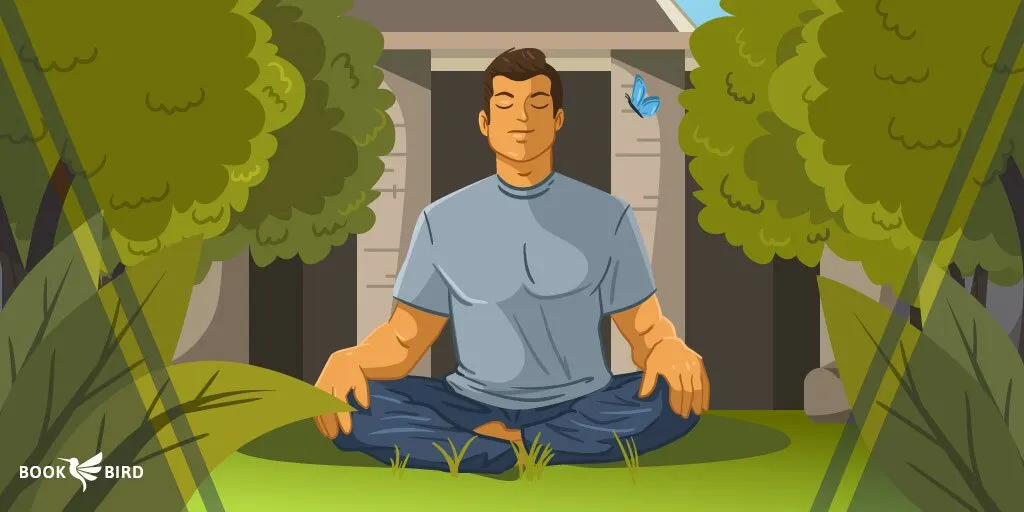 Meditating Man in Jungle with Temple for Spiritual Exploration