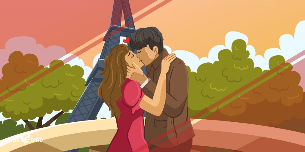 Romantic moment of couple kissing on Paris bridge, Eiffel Tower