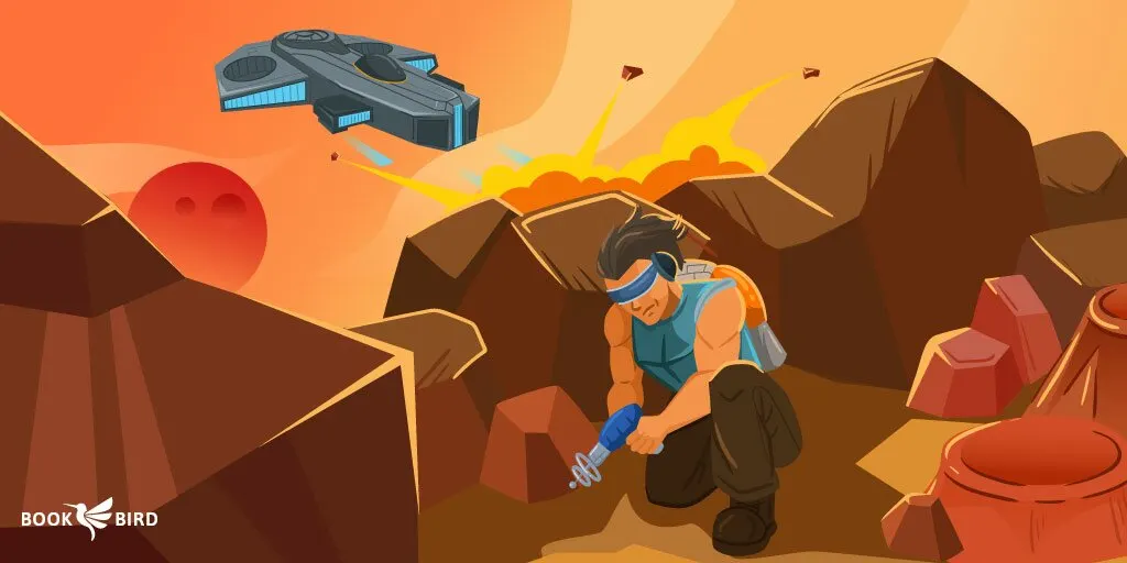 Futuristic laser-armed fighter evading spaceship in sci-fi scene