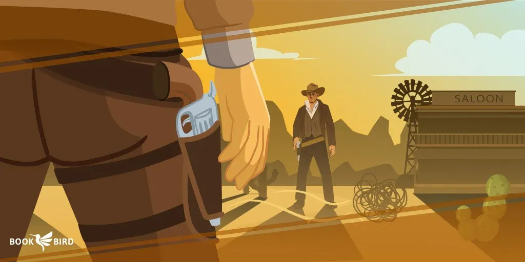 Tense Cowboy Showdown by Saloon in Classic Western Scene