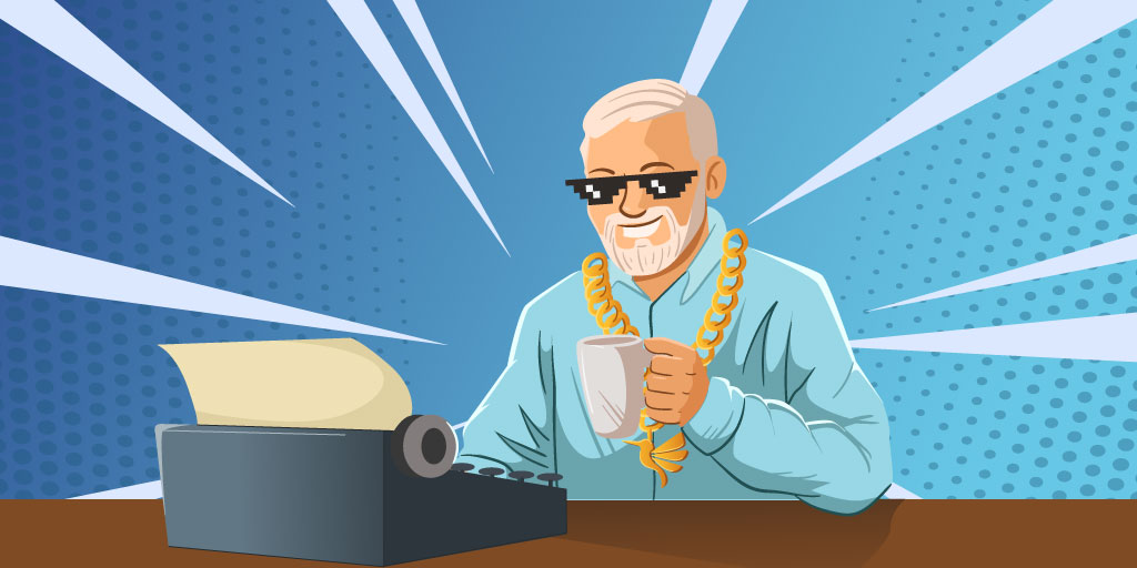 Old man with a charismatic smile, meme sunglasses and gold chain has a coffee in hand and sits at a typewriter