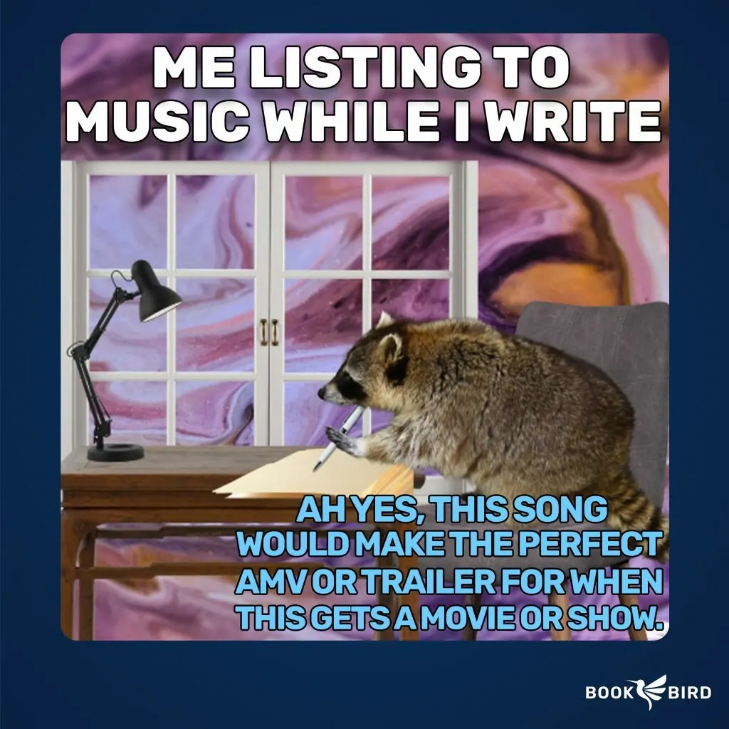 A raccoon thinking about how a song fits as music for the trailer of book movie adaptation Book Writing Meme
