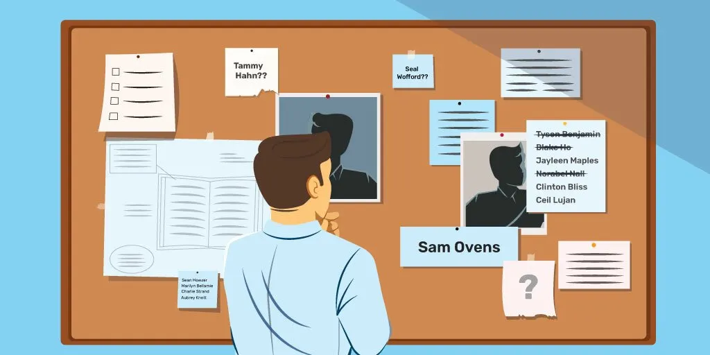 A thinking book author standing in front of a pinboard with several pen names to choose from
