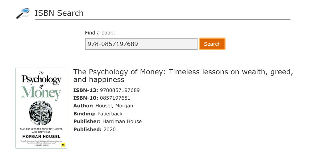 Search results on the ISBN Search website with the example title "The Psychology of Money" by Morgan Housel