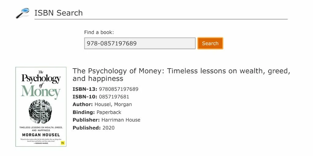 Search results on the ISBN Search website with the example title "The Psychology of Money" by Morgan Housel