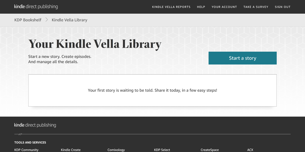 Kindle Vella Library in the Kindle Direct Publishing Dashboard with a Blue button that says "Start a story"