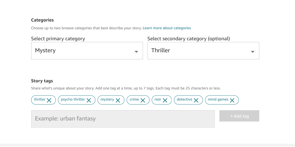 Kindle Vella story setup with multiple fields to select categories and tags that describe a story