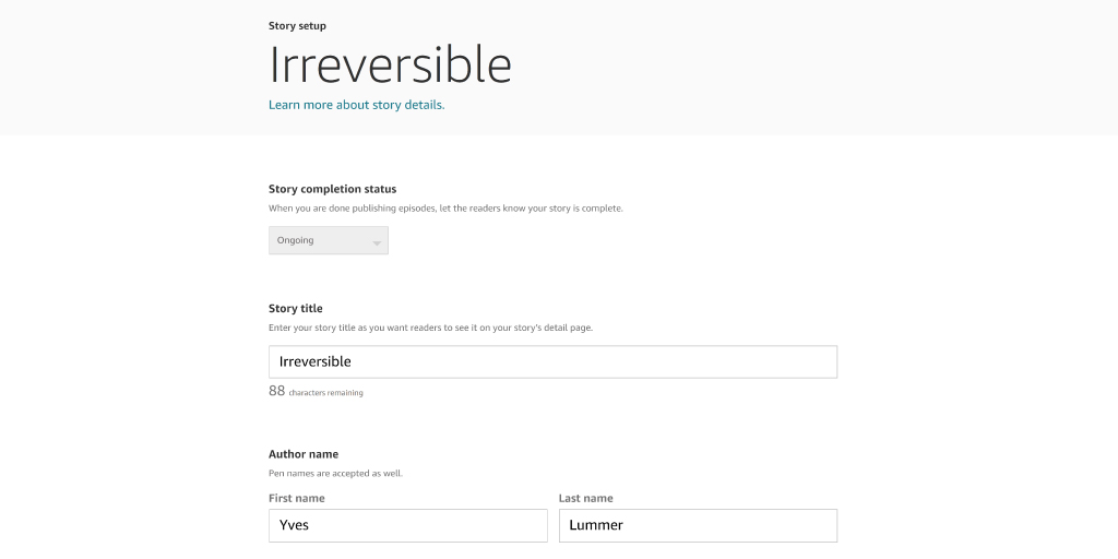 Kindle Vella story title setup of the example story "Irreversible"