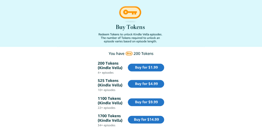 Overview of Kindle Vella token purchase options with different token bundle sizes