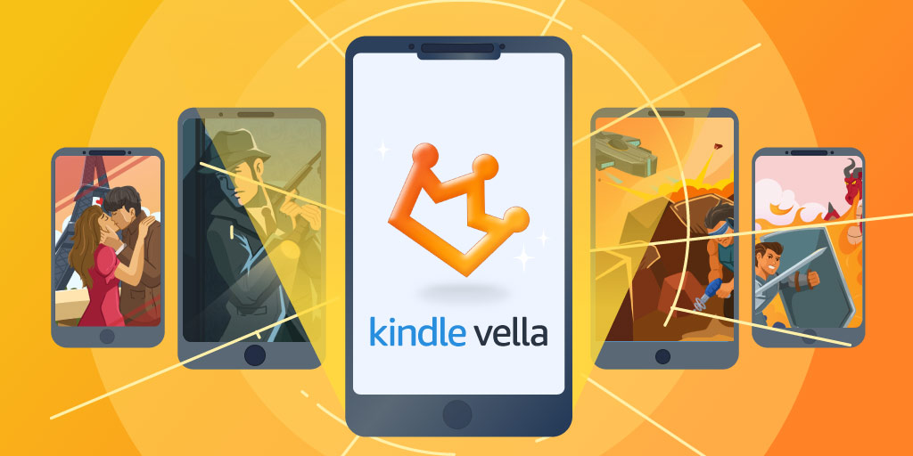 A smart phone with the Amazon Kindle Vella logo and several other mobile devices with different book covers of Kindle Vella stories