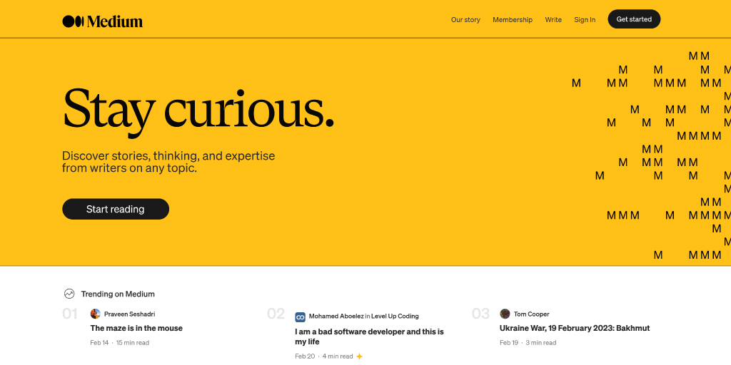 Medium website with the tag line "Stay curious" and a yellow background