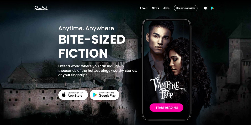 Website of serialized story platform Radish Fiction featuring the cover of a vampire story