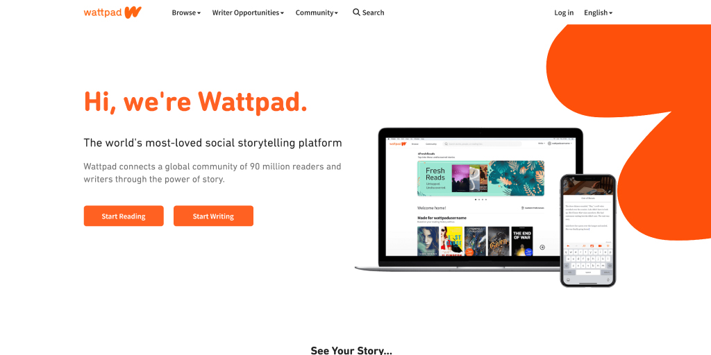 Website of the serialized story platform Wattpad featuring orange colors