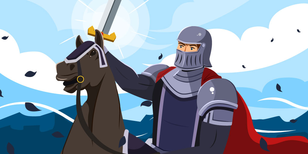 Knight with a strong armor on a horse victoriously holding his sword in the air