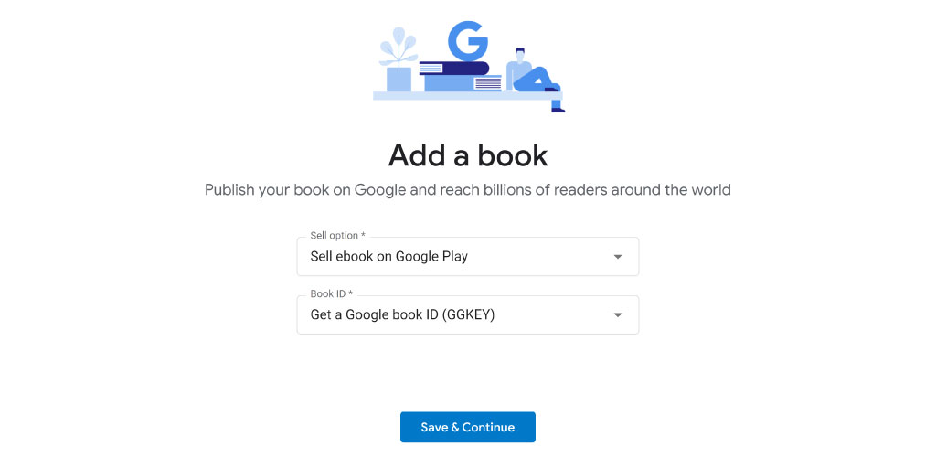 Startup screen to publish a new ebook on Google Play Books