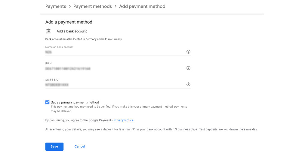 Google Play Books account setup to add a payment method