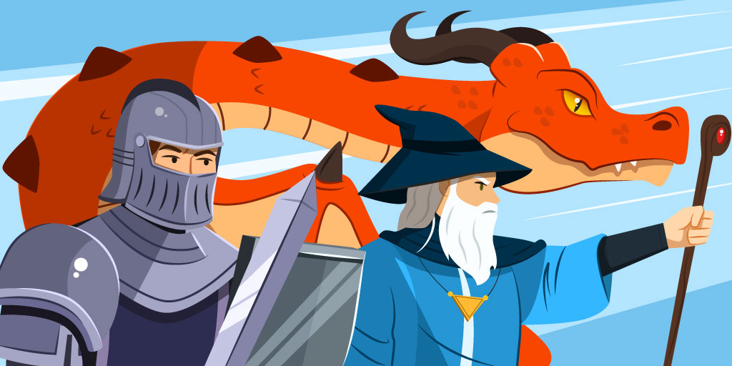 A knight with a sword, a wizard with a wand and a mighty red dragon as short story characters