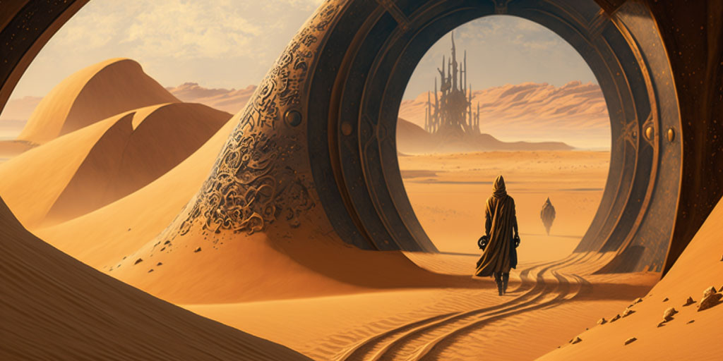 A person walking through an endless sandy desert towards a castle