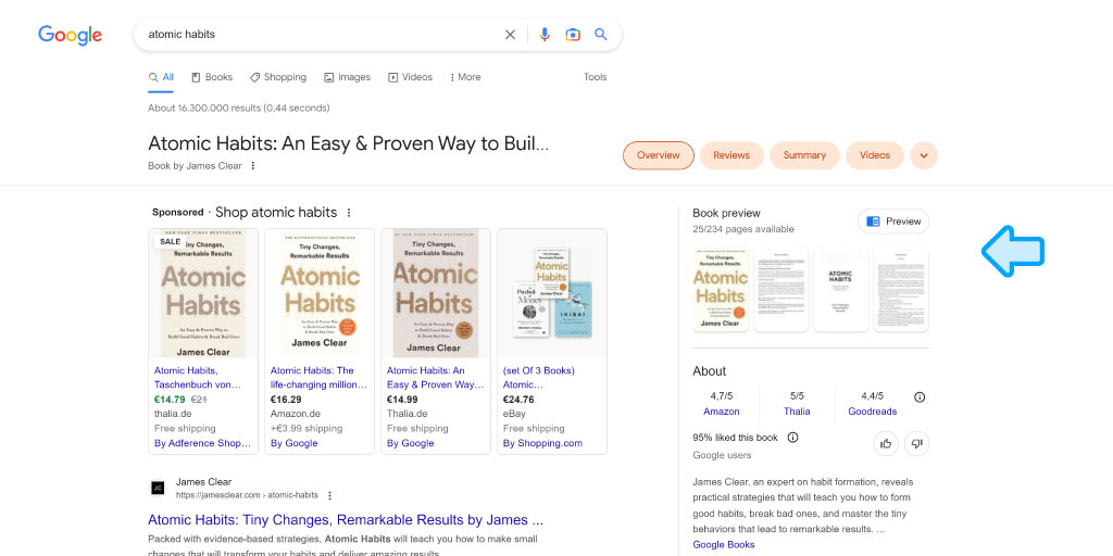 Google Search Results of the book "Atomic Habits" by James Clear with a Google Play Book preview feature on the right side