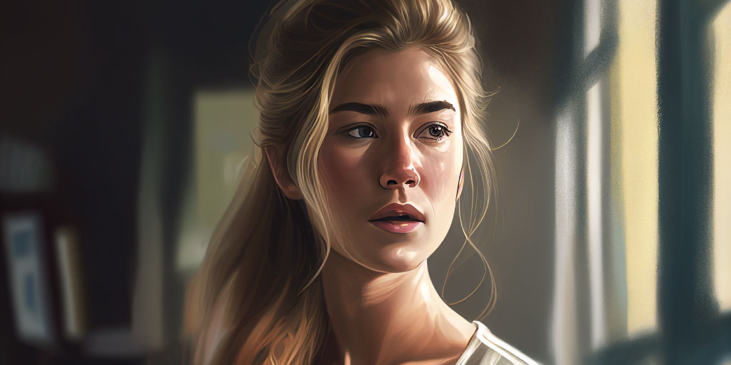 Amy Elliott Dunne of Gone Girl looking to the side with blond hair and slightly open mouth 