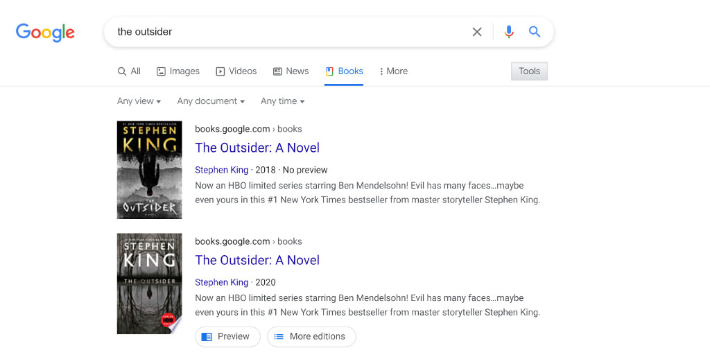 Google Books search results of the book "The Outsider: A Novel" by Stephen King