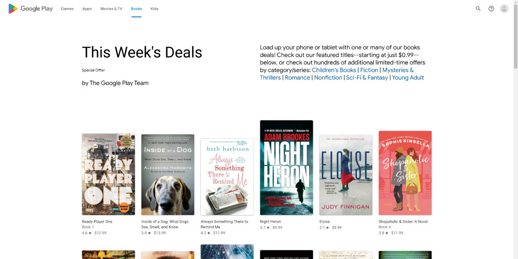 Overview of featured weekly marketplace deals in various book genres on the Google Play Books marketplace