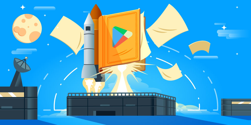 A launching rocket in the shape of a book with the Google Play Books logo on it and several manuscript pages flying around