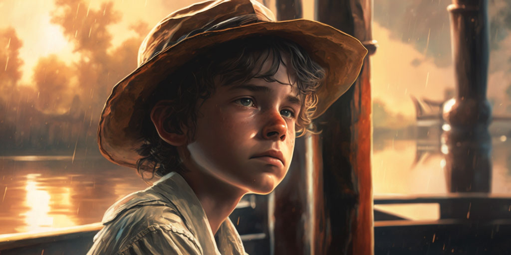 Young Huckleberry Finn from Mark-Twain's The Adventures of Huckleberry Finn sitting with a hat at a jetty