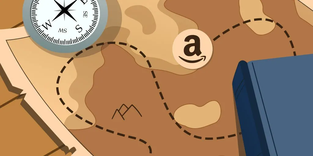 An old map with the Amazon Kindle Direct Publishing (KDP) logo as a destination covered by a compass and a book