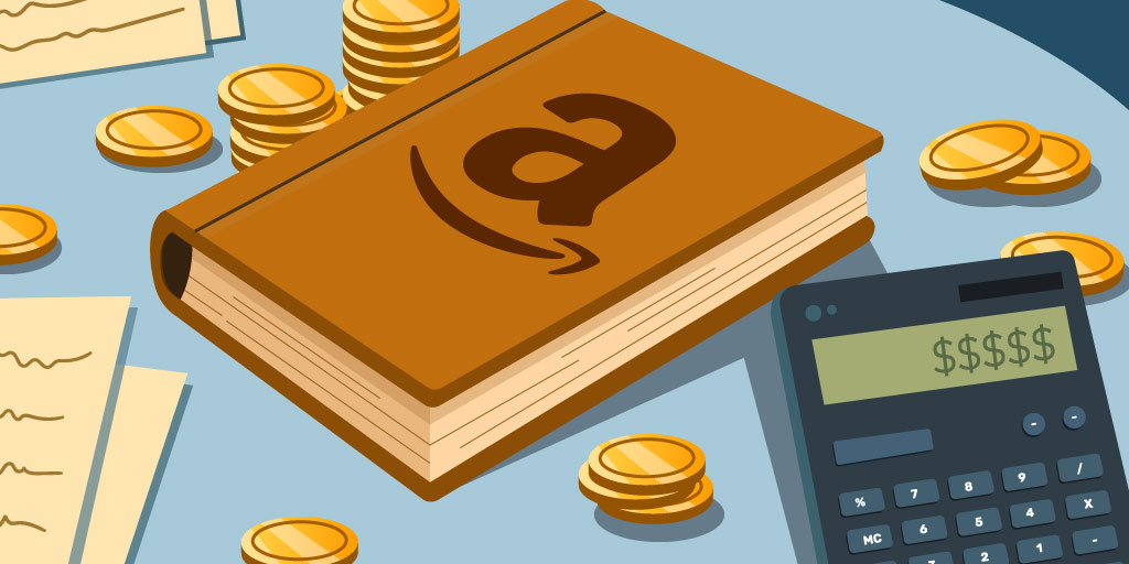 A table covered with a book with the Amazon Kindle Direct Publishing (KDP) logo surrounded by money coins, manuscript pages, and a calculator 