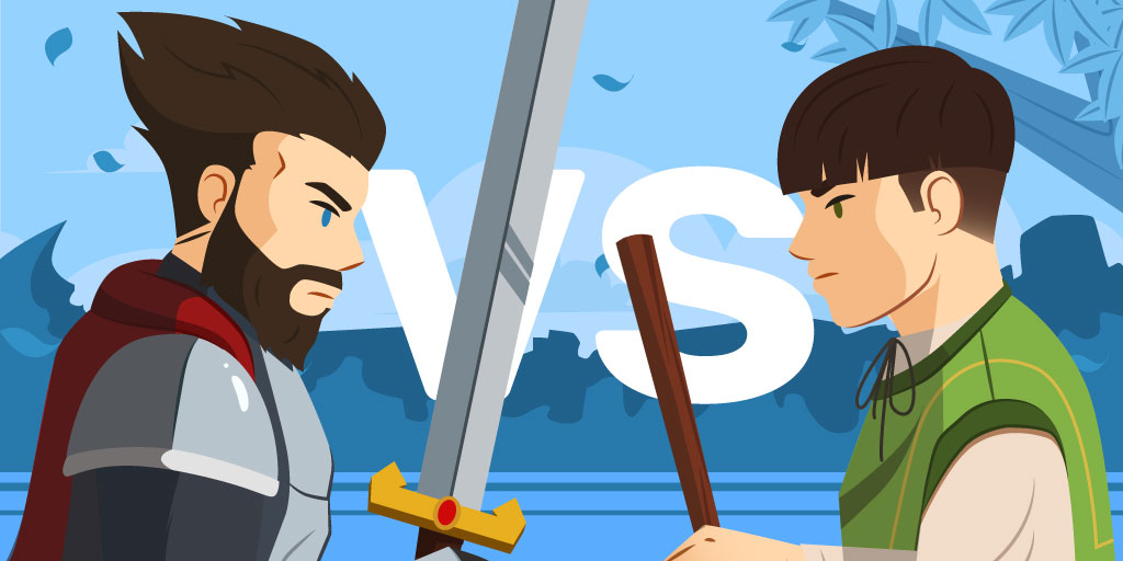 Comparison of a Round Character and Flat Character as a medieval knight and villager with the word "VS" in the background
