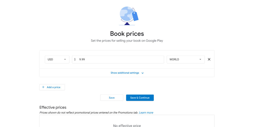 Google Play Books section to set a book price based on country or region  