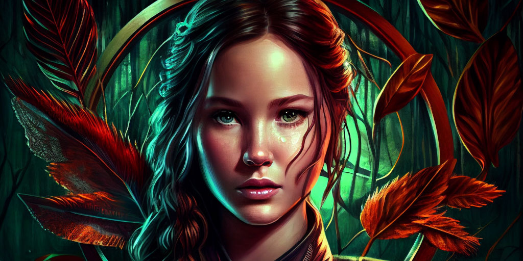Young Katniss Everdeen from The Hunger Games with Green Red Background of Wings