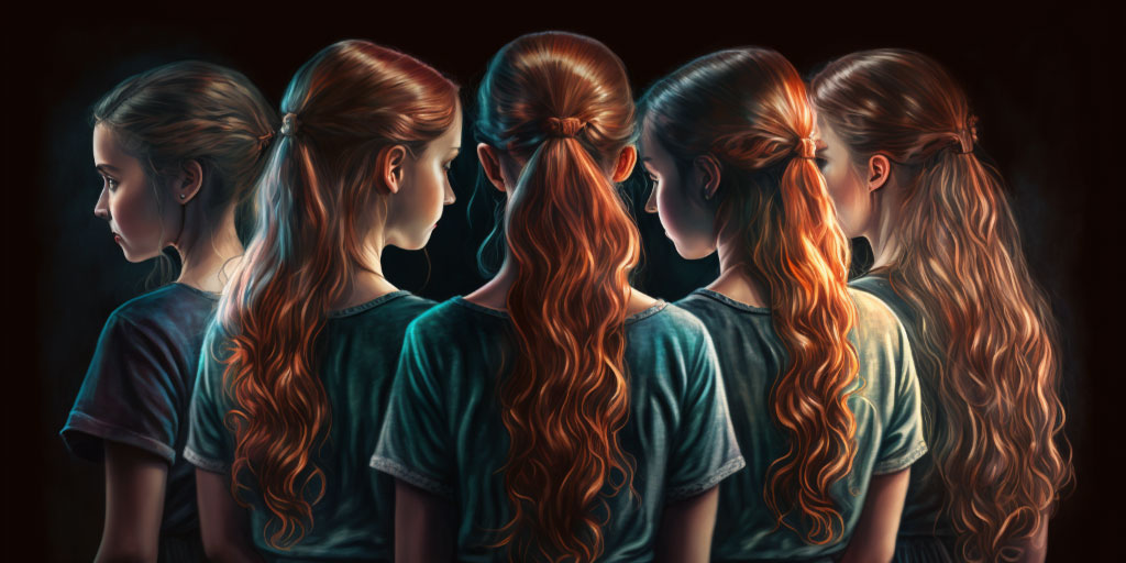 The five daughters of The Virgin Suicides with long beautiful hair from back perspective 