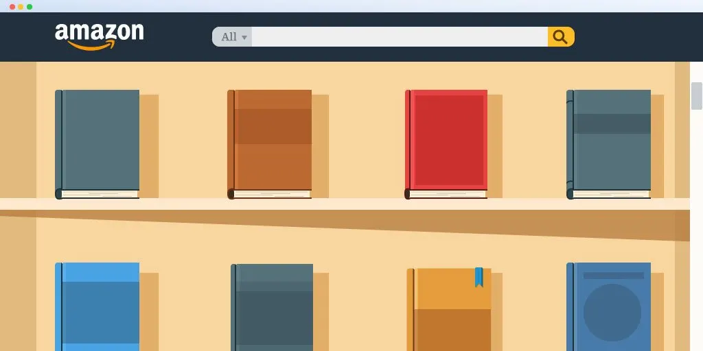 The Kindle Direct Publishing (KDP) website with searchbar as a physical bookshelf featuring multiple books