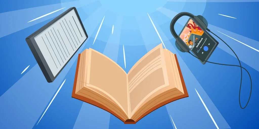 A hardcover book, an e-book reader, and a mobile device playing an audiobook are floating in the sky