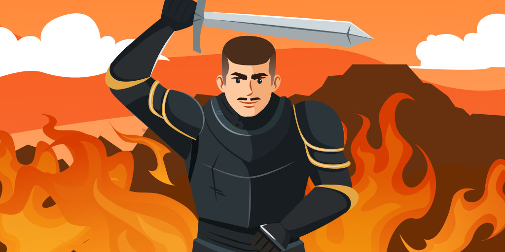 A knight in black armor holding up his sword with an aggressive expression on his face and flames in the background