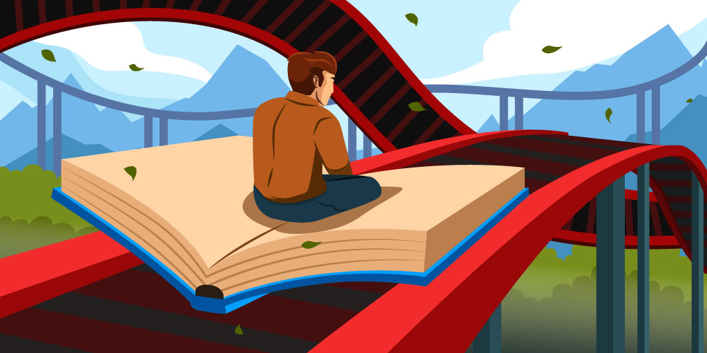 An author riding a roller coaster on a giant book