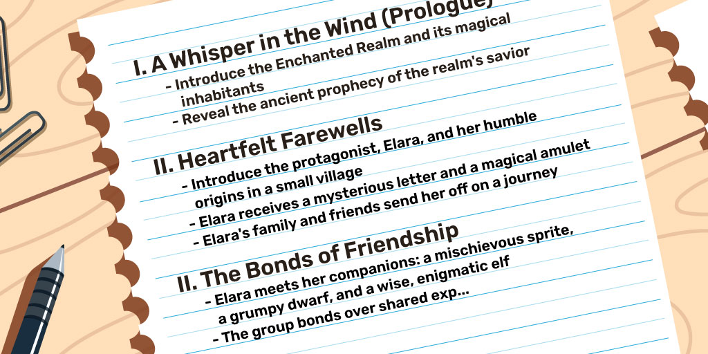 A book outline of a fantasy story featuring three chapters on a lined paper on a wooden background