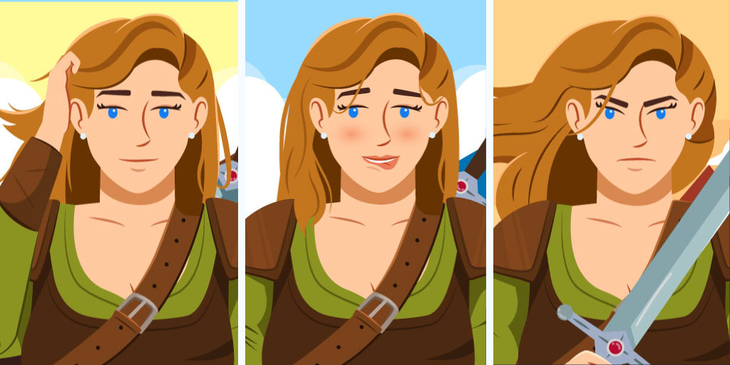 Character mannerisms of a female fantasy character in three different scenes: Stroking through hair, biting lip, serious look