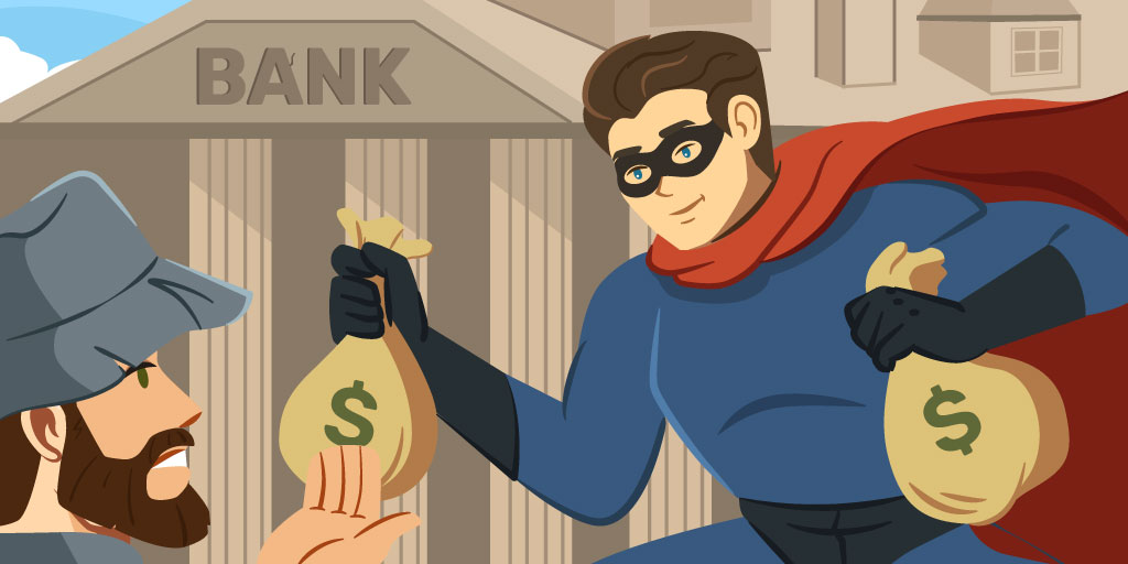 An anti-hero character with red cape and black eye mask escaping from a bank with two money bags