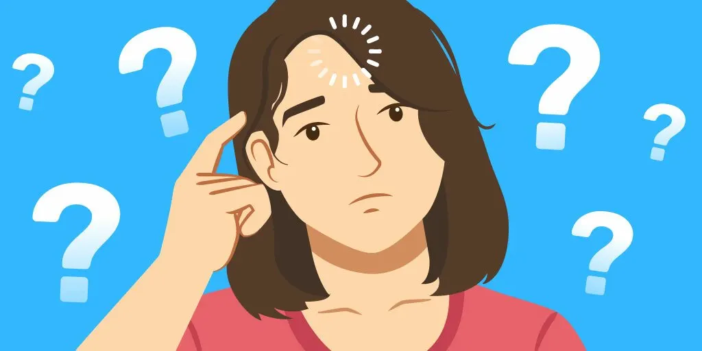 A woman with a confused look surrounded by countless question marks