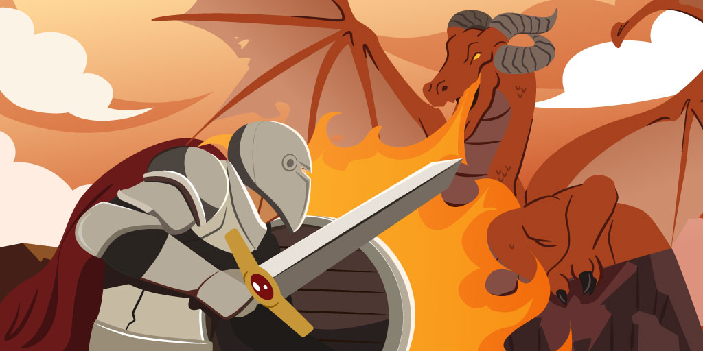 Hero as a knight in an epic battle against a red fire-breathing dragon