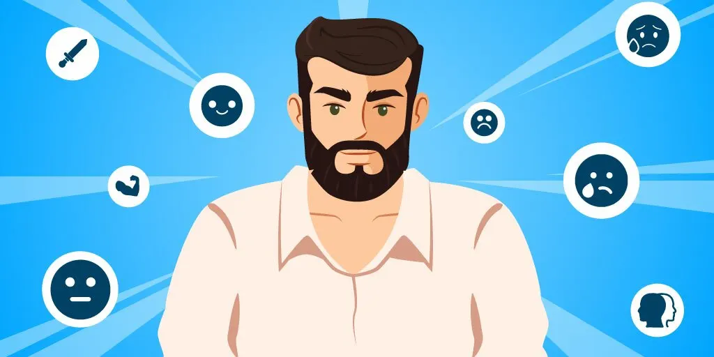 A person surrounded by various character flaws symbols