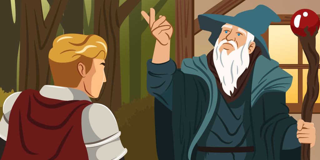 Blond knight speaking to a wizard with a long beard and blue robe
