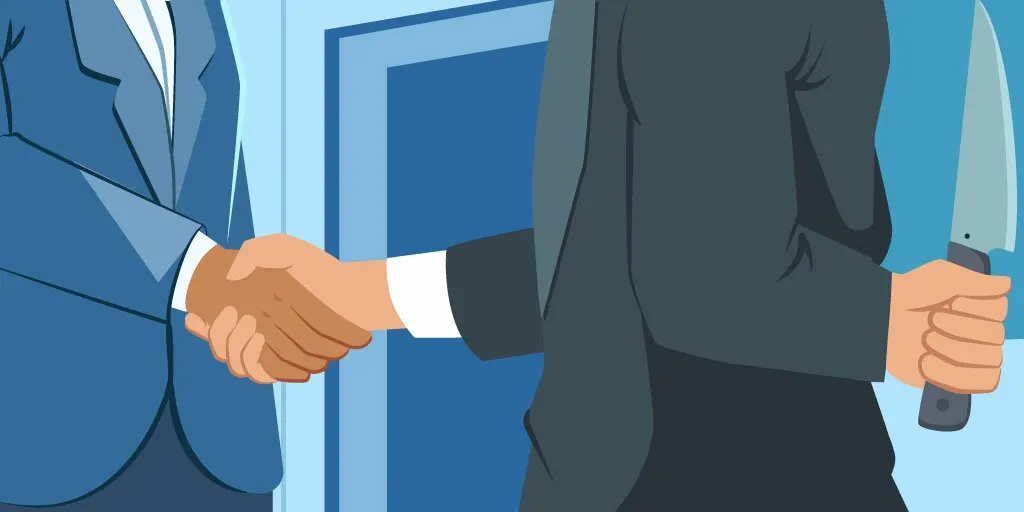 A businessman who shakes hands with someone while holding a knife behind his back